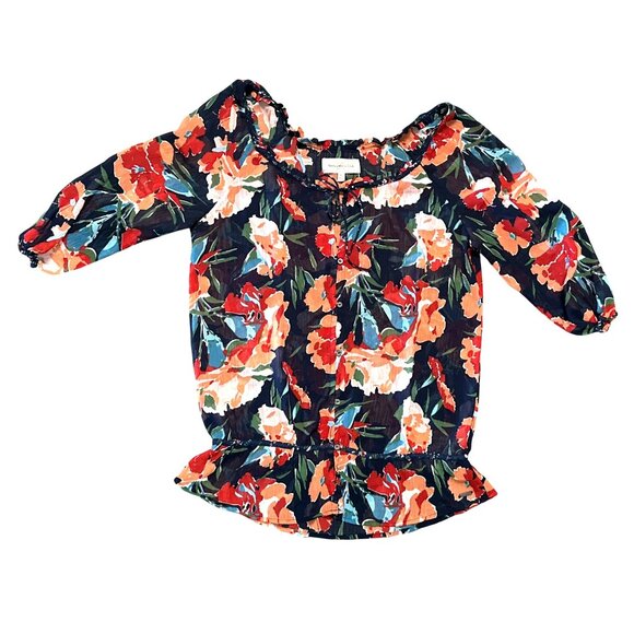 Abercrombie Fitch Large Floral Peasant Sheer Boho Blouse Ruffle Hem Tie Neck - Picture 10 of 11